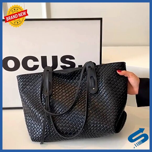 Large Leather Woven Tote Shoulder Bag Top Handle Satchel Work Bag - Picture 7 of 7